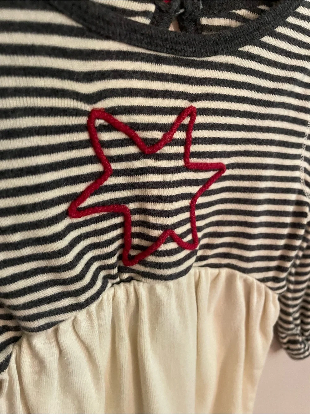 100% Organic Cotton Striped Navy & White with Red Star Baby One-Piece Romper